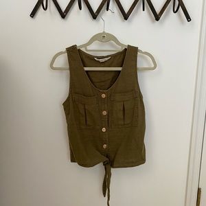 Linen Olive Green Tie Button Uo Crop Tank Top